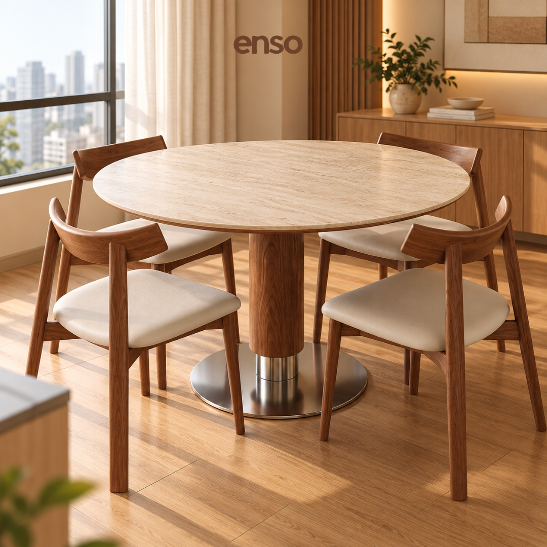 Borge Travertine Solid Wood Round Dining Table