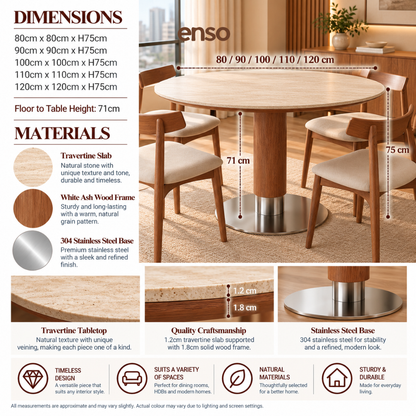 Borge Travertine Solid Wood Round Dining Table